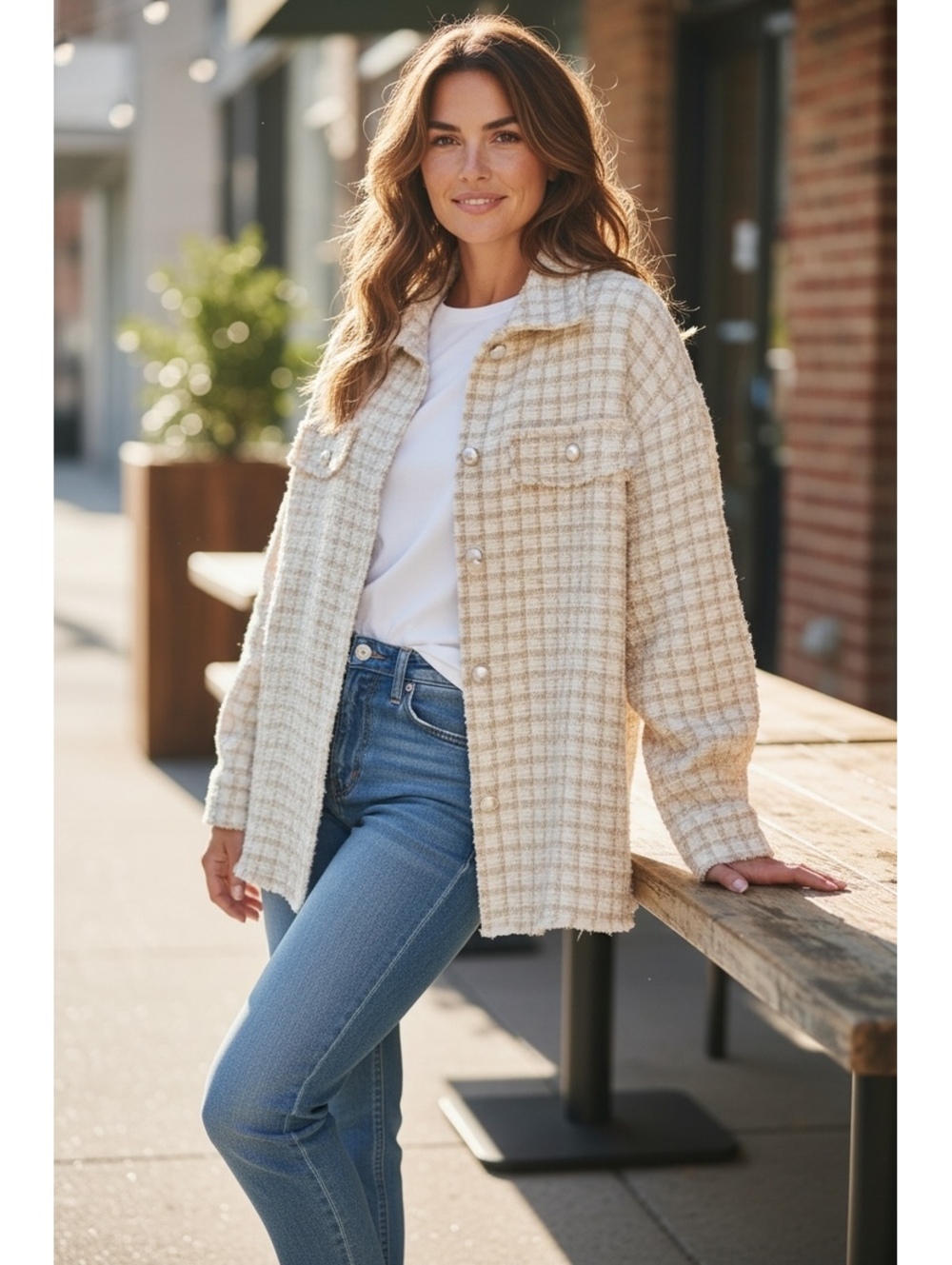 Andrée by Unit Women’s Tweed Pearl Button Shacket Jacket, Size Small
